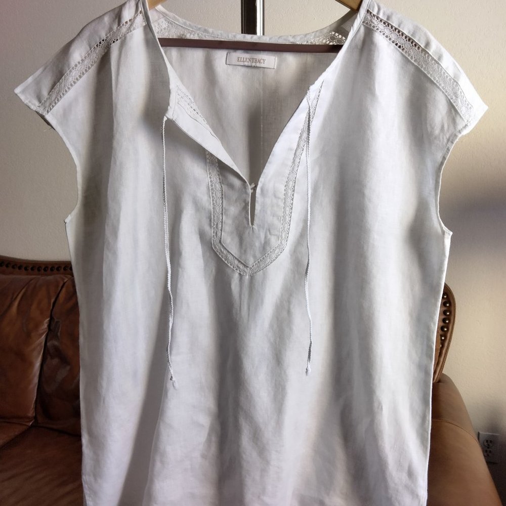 ELLEN TRACY Ivory Linen Chalk Color Crocheted Sleeveless Boxy Top Size L